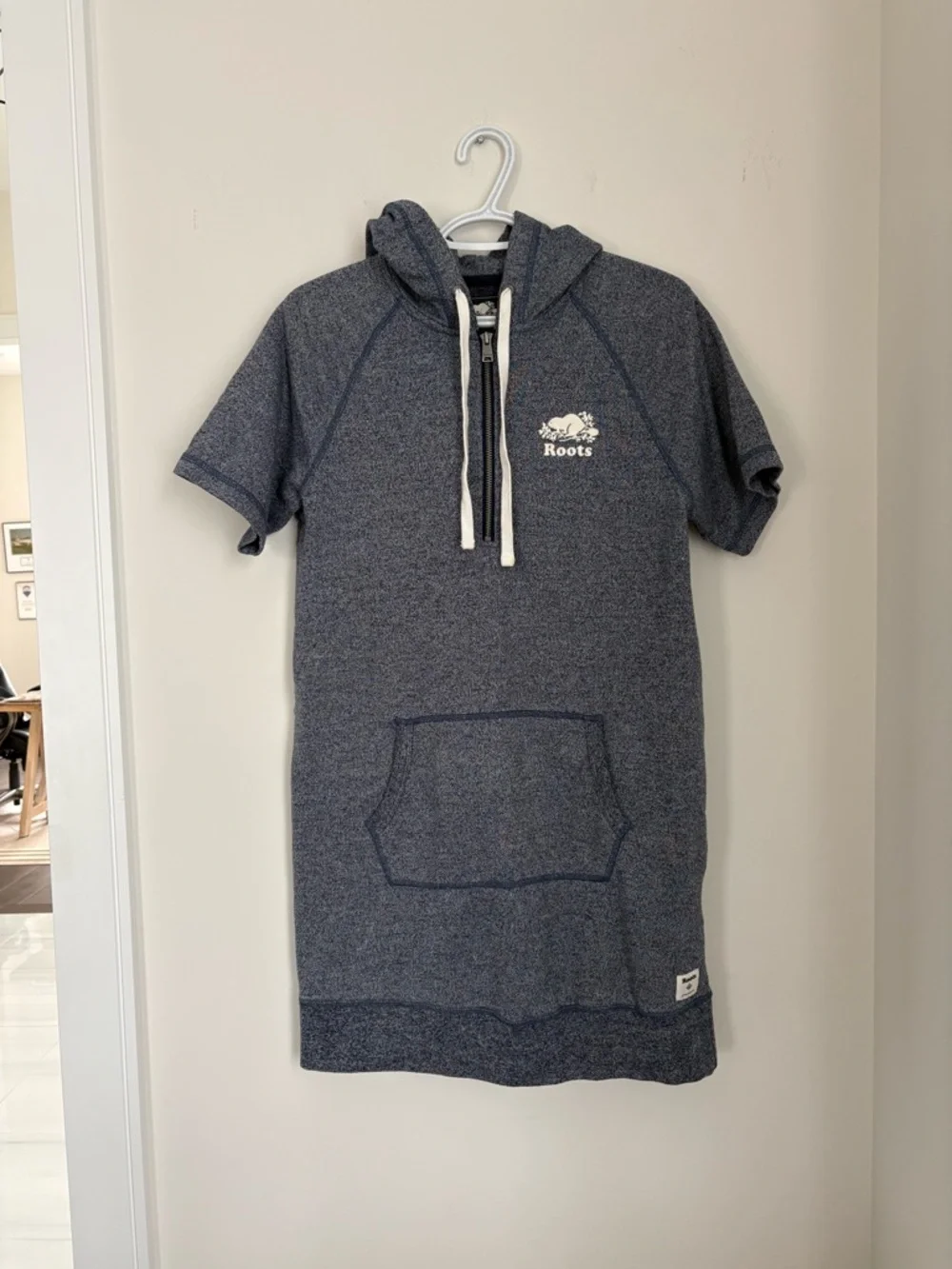 Roots Heather Navy Blue Salt and Pepper Short Sleeve Hoodie Sweater Dress Small - Picture 2 of 5